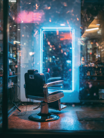 A striking neon-lit mirror in a barbershop captures floating hair particles as it reflects the lively atmosphere of the urban environment at night.の素材
