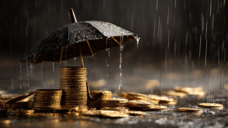 Gold coins are stacked on a wet surface, shielded by a small black umbrella as heavy rain pours down, symbolizing financial security in challenging times.の素材
