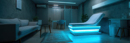 This contemporary dermatology office features a glowing LED treatment bed in a calm, minimalist setting, promoting relaxation during skin care treatments.の素材