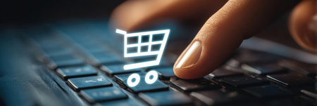 A hand is poised above a keyboard, engaging in online shopping with a shopping cart icon illuminated on the screen, embodying the convenience of e-commerce.の素材
