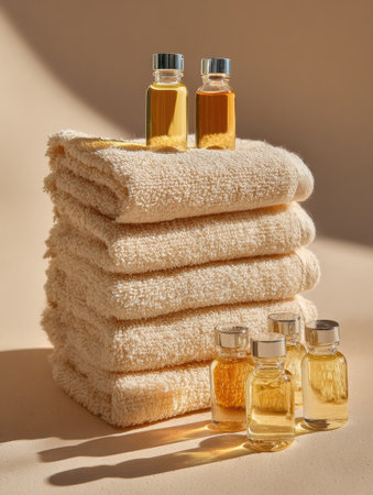 Soft beige towels are neatly stacked beside elegant bottles of essential oils, creating a relaxing atmosphere perfect for a spa day or wellness retreat.の素材