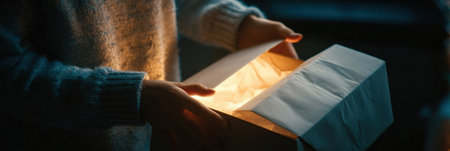 A individual opens a carefully wrapped gift box, and a soft light emanates from within, creating a cozy atmosphere in a dimly lit room during winter.の素材