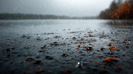 Raindrops cascade onto a tranquil lake, creating ripples across the water and mingling with colorful autumn leaves drifting on the surface.の素材