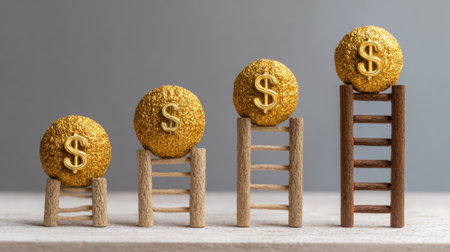 Golden coins positioned on wooden ladders illustrate growth and increasing value, emphasizing prosperity and financial success in a minimalistic setting.の素材