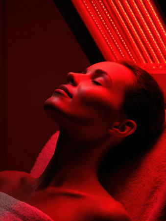 A woman is lying back in a calm setting, absorbing the benefits of red light therapy, experiencing a glowing effect on her skin and overall well-being.の素材