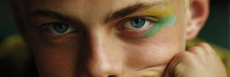 A young individual rests their chin on their hand, revealing vivid face paint and captivating blue eyes while lost in thought in a creative space.の素材