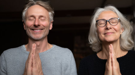 Two people sit side by side with eyes closed and hands in a prayer position, embodying peace and mindfulness in a warm, inviting atmosphere.の素材