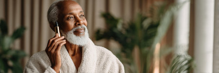 An elderly man with a white beard is chatting on his phone while relaxing in a soft robe, basking in the tranquil ambiance of a plant-filled room.の素材