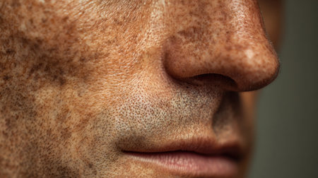 A close-up view highlights the intricate skin texture and facial features of a man, captured in soft natural light for rich detail.の素材