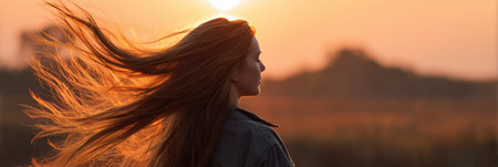 A woman is captured mid-motion, flipping her long hair as the sun sets in a blurred background, creating a dreamy and serene atmosphere during golden hour.の素材