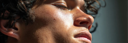 Close-up of a young man with curly hair experiencing a peaceful moment in natural light, highlighting his calm expression and serene surroundingsの素材