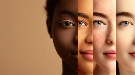 Diverse skin tones stand out against a neutral background, creating a striking composition for impactful messaging.の素材