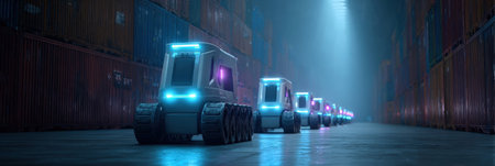 Rows of autonomous robots with glowing lights efficiently traverse a dimly lit cargo warehouse, reflecting innovation in logistics and automation technologyの素材