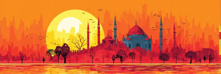 A vibrant sunset casts an orange hue over a city skyline featuring historical architecture, including domes and minarets, reflected on a calm river.の素材