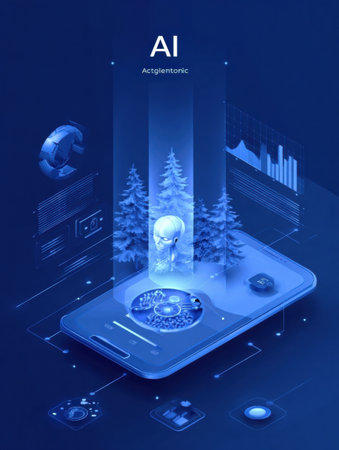 A digital landscape showcases the fusion of artificial intelligence and nature, featuring 3D elements like trees and graphical interfaces on a device.の素材