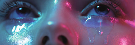 Serum drops glisten on a luminous forehead, showcasing a unique beauty technique with a focus on skin care and a surreal environment under glowing lights.の素材