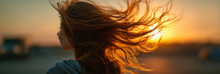 A woman is captured in motion, flipping her long hair as the sun sets in a warm, blurred background that enhances the atmosphere of the moment.の素材