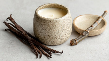 A cozy vanilla scented candle rests beside vanilla pods and a wooden stick on a smooth, neutral toned surface, creating a calming and inviting atmosphere.の素材