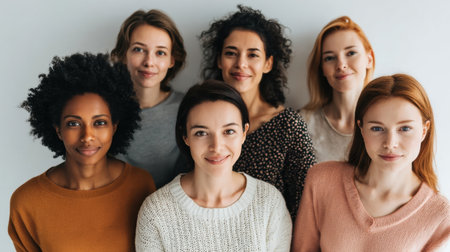 Six women of different ethnic backgrounds stand together in a well-lit studio, smiling and showing their unique styles and expressions.の素材