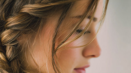 Focus on a side braid with natural tones, framed by soft, wispy strands, set against a gentle, open background, capturing a serene expression.の素材
