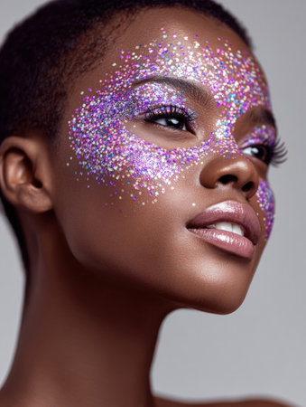A striking portrait of a person with glitter makeup, showing artistic beauty in soft lighting and a minimalist setting.の素材