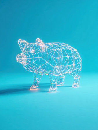 A detailed wireframe pig sculpture stands out against a bright blue background, showing creative artistry in a minimalist design.の素材