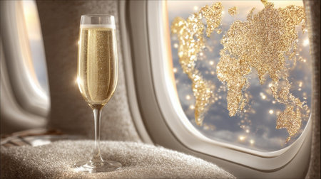 A champagne glass filled with bubbly sits on a plush seat next to an airplane window, showcasing a golden world map illuminated during sunset.の素材
