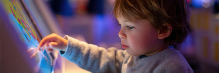 A young child explores a vibrant touchscreen display, focusing intently on the colorful graphics in an interactive exhibit filled with excitement.の素材