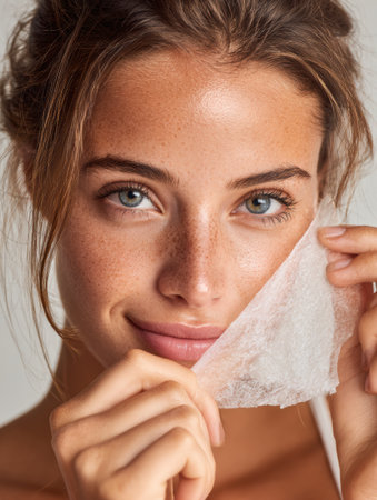 A woman gently pulls away a sheet mask, showing her glowing skin with a soft focus background, captured in a serene indoor setting.の素材