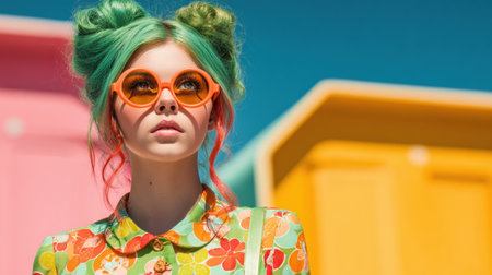 Bright colors and a lively atmosphere showcase a person with a retro 70s hairstyle and unique fashion, enjoying an outdoor location filled with vibrant hues.の素材