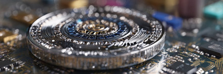 Close-up examination of a shiny circular metallic item featuring complex patterns, surrounded by various electronic components in a technology-rich setting.の素材