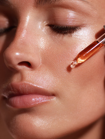 A skilled practitioner utilizes a brightening serum under LED light to enhance skin tone and vitality. The ambiance promotes relaxation and rejuvenation.の素材