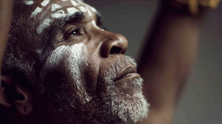 An elderly person adorned with traditional body paint looks upward, immersed in cultural expression, during a vibrant community gathering in the evening.の素材