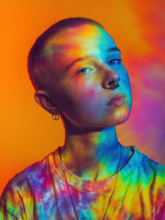 Individual with short hair poses against a colorful backdrop, with vibrant light reflections creating an artistic and expressive appearance on the skin.の素材
