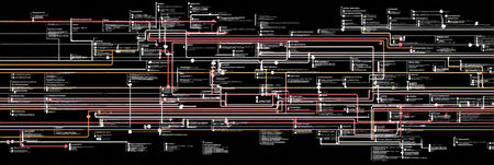 Detailed representation of interrelated data points and pathways used for analysis, showing various connections and annotations in a digital format.の素材