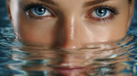 A serene scene of a healthy face reflected in water, with gentle ripples creating a harmonious connection to skincare and enhancing natural beauty.の素材