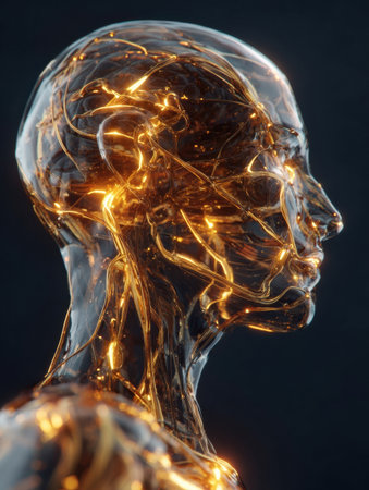 A transparent human-like figure is illuminated by glowing circuitry, highlighting the complex details of its internal structure in a dark environment.の素材