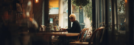 A focused individual types on a laptop inside a warm, inviting cafe, surrounded by natural light and urban scenery during late afternoon hours.の素材
