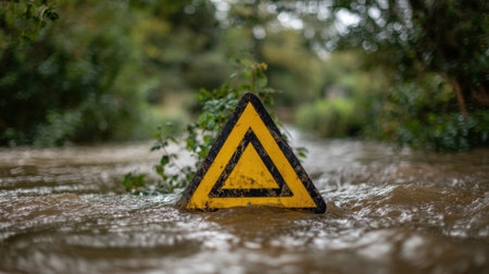 Flooding in a rural area leaves a warning sign nearly covered by murky water, highlighting severe weather impacts in the region during the early afternoon.の素材