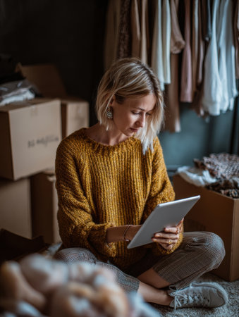 A woman with short hair dressed in a mustard sweater sits on the floor, focused on her tablet while surrounded by boxes and clothing in a cozy room.の素材