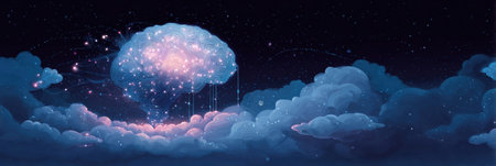 A fantastical visual displays a brain-shaped cloud illuminated by stars, surrounded by other fluffy clouds in a deep night sky setting.の素材