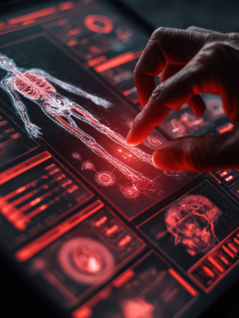 A hand is interacting with a digital interface showing detailed human anatomy in vibrant colors, highlighting various bodily systems in a healthcare environmentの素材