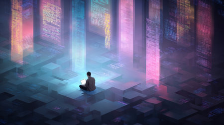 A person sits cross-legged on a futuristic platform, using a laptop while surrounded by glowing data streams in a colorful, digital space.の素材