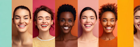 A group of individuals showcases a range of skin tones, all smiling brightly in a colorful setting that enhances their unique beauty and warmth.の素材