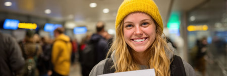 A joyful woman in a yellow hat stands at the airport, beaming as she holds a welcome sign, surrounded by travelers and a busy terminal atmosphere.の素材