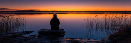 A person sits quietly on rocks by the lake, gazing at a vibrant sunset with orange and purple hues reflecting on the waters surface.の素材