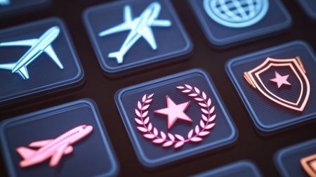Collection of digital icons displaying airplanes, global maps, shields, and laurel symbols, designed for a travel service interface on a dark backdrop.の素材