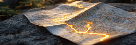 A detailed map lays on a rocky surface, illuminated by a warm glow, highlighting a route through a scenic landscape during the evening light.の素材