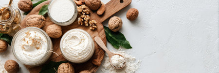 Various walnut products are elegantly displayed on a wooden board, with decorative nuts and leaves creating an inviting atmosphere for culinary inspiration.の素材