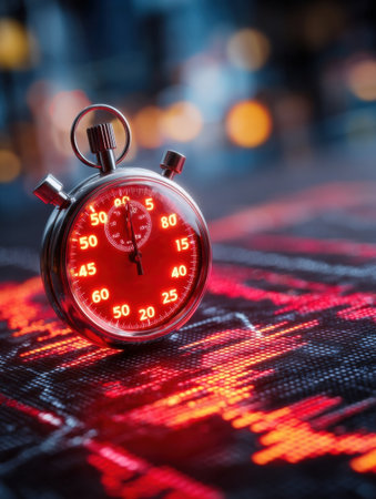 A stopwatch with red lights rests on a textured surface, illuminated by soft city lights in the background, suggesting a late evening atmosphere.の素材